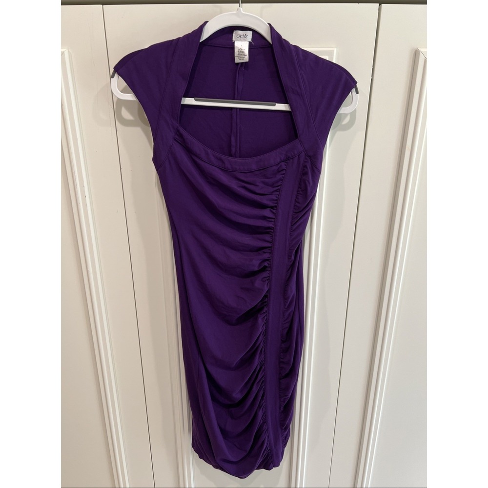 Vintage Cache Bodycon Ruched Dress Purple Stretch Sheath‎ 90s Fitted